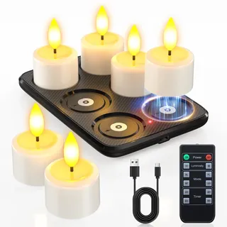 Yme Wasserdicht Teelichter LED Aufladbar mit Magnet Ladestation, 6er Set | Aufladbare LED Teelichter Wiederaufladbar Kerzen mit Fernbedienung Timer für Halloween Weihnachten Tisch Wohnzimmer Deko
