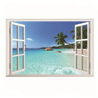 3D gefälschte Fenster Landschaft Strand Landschaft Wandaufkleber Wandbild Kunst Aufkleber