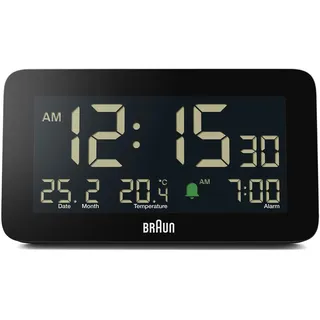 Braun Digitaler Wecker mit Datums-, Monats- und Temperaturanzeige, negativem LCD-Display, Schnelleinstellung und anschwellendem Alarm-Piepton in Schwarz, Modell BC10B.