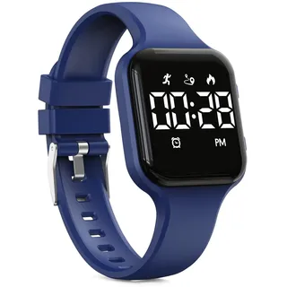 Focwony Kinder-Digitaluhr, Schrittzähler, wasserdicht, Fitness-Tracker, Armbanduhr mit Schrittzähler, LED-Display, Stoppuhr für Kinder, Jungen, Mädchen, Teenager, dunkelblau, Einheitsgröße, Modern