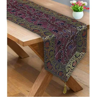 Stylo Culture Traditionelle Dekorativ Tischdecke Blau Lila Blumen Bohemien Jacquard Bestickt Tischläufer Zari Quaste 6 Fuß Für Wohnzimmerdekor Brokat Tissue Stoff Rezeption Tischplatte (35 x 182 cm)