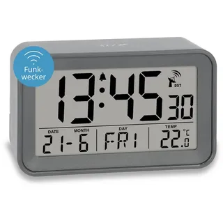 ADE Funkwecker Reisewecker digital mit Kalender, Thermometer und Beleuchtung idealer Reisewecker mit Snooze, inkl. AAA Batterien grau