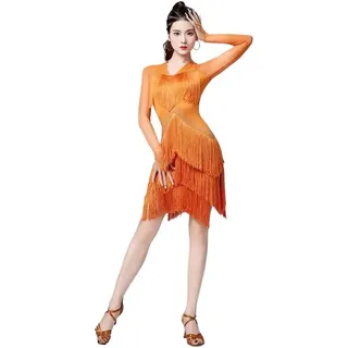LVCHAO Bohren Kleider Frauen Ballsaal Samba Kostüm V Ausschnitt Party Kleid Mesh Dehnbar Latin Dance Wettbewerb Fransen Kleider Damen Fransenkleid(Orange,M)