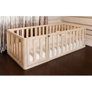 Mandrele - Montessori Bett, Bodenbett mit Türen, Rausfallschutz Bett, Kinderbett, Holzbett mit Bettgestell für Jungen und Mädchen, Laufstall, Laufgitter, 90x160 cm, Natur