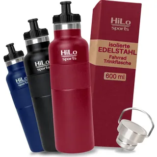 HiLo sports 600 ml Fahrradflasche Edelstahl Isoliert - Für Kunststoff Flaschenhalter - [Pulver Beschichtetes Edelstahl] - Fahrrad Trinkflasche mit 2 Verschlüssen - Thermo Radflasche