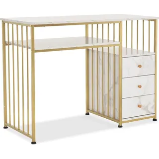 MCombo M MCombo Schreibtisch mit Schubladen, Schminktisch ohne Spiegel Marmor-Weiß Gold, Nageltisch aus Holz Metallgestell, Computertisch Wohnzimmer Mode...