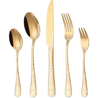 Besteck Set Gold für 6 Personen, HONKKU 30-teiliges Edelstahl Besteckset, Essbesteck Set Spiegel Polierter mit Blumenmustern, Gabel Löffel Messer Set Spülmaschinenfest