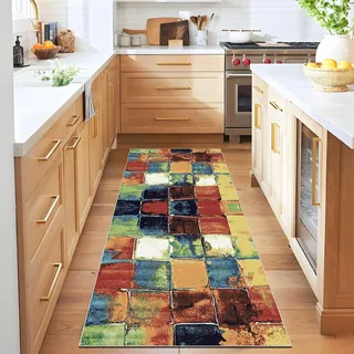 Qemgrste Kurzflor Teppich Läufer Flur 60 x 100 cm Waschbar rutschfest Flurläufer, Rutschfester Teppichläufer für Flure Küche & Wohnzimmer Küchenteppich Vintage Meterware Schlafzimmer Korridor Teppich