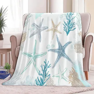 Handgezeichneter Seestern Korallenriff Kuscheldecke Kinder Erwachsene Decke 220 x 240 cm Flauschig Flanell Wohndecke, Weiß Soft Warm Winter Fleecedecke Sofadecke Tagesdecke