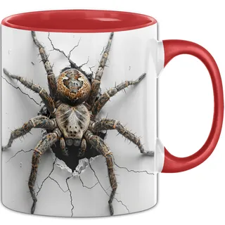 Trendation - 3D Tasse Spinne Lustig Geschenk Allover-Print Kaffee-Becher Geschenkidee Spinnen-Liebhaber (Rot)