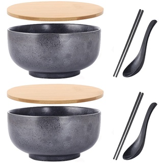 Japanischer Schüssel mit Deckel, Keramik Ramen-Schüssel, 2Er-Set Vintage Ramen Schale aus Keramik Handgezeichnete Reis Schüssel Instant Nudel Schüssel,A5