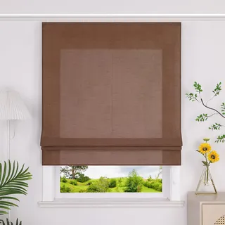 Heichkell Raffrollo mit Klettband Halbtransparent Raffgardine Küche Rollo Einfarbige Gardine Braun BreitexHöhe 140x140 cm
