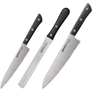 SAMURA Harakiri Profi Messer Geschenk Set Ultra-scharf, aus japanisch AUS 8 Edelstahl, 3 Teile, Gemüsemesser, doppelschneidiges Sägemesser, Kochmesser, ergonomischer Griff