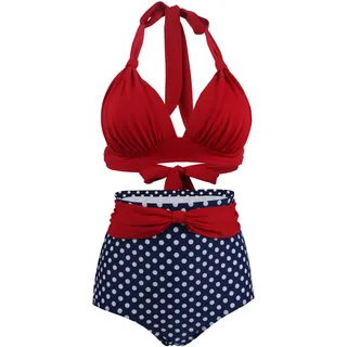 VILOREE Vintage 50s Damen Bademode Bikini Set Push Up Hoher Taille Neckholder Bauchweg Rot Top + Blau Pola Dots Shorts S - S