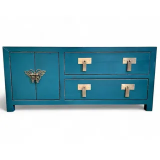 OPIUM OUTLET Kommode TV-Schrank Sideboard Kommode aus China Möbel im Vintage-Stil (Asia Schrank Anrichte Lowboard komplett montiert), chinesisch asiatisch orientalisch shabby-chic blau