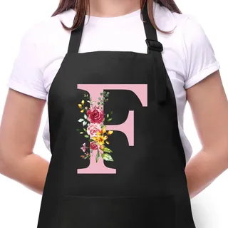 Personalisierte Initialen Schürzen Damen, Kochschürze Baumwolle Verstellbare Küchenschürze mit Taschen zum Kochen, Backen, Geschenk für Frauen Mama Oma Freundin zum Geburtstag Muttertag Weihnachten F