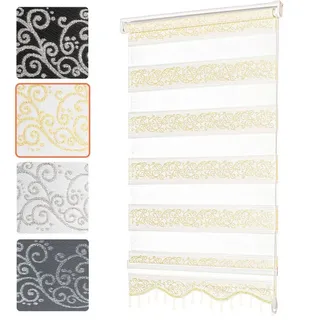 Doppelrollo ohne Bohren, Doppelrollo für Fenster mit Muster, Bailena, Lichtschutz, ohne Bohren, freihängend, Klemmfix, Duo Rollos mit Perlen, glitzernd, Ranken Blumen Motiv goldfarben 50 cm x 200 cm