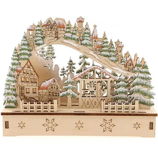 ELLUG 3D Geschwungener Schwibbogen Lichterbogen Holzschnitt Winterdorf aus Holz zum Stellen mit Licht 14,5 * 4,5 * 11cm batteriebetrieben mit On-Off Schalter, Timer Funktion (6h On/18h Off)