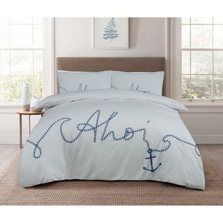 Sleepdown Ahois Bettwäsche-Set, 100% Baumwolle, maritimes Design, weich, pflegeleicht, Einzelbett, 135 x 200 cm, Weiß/Blau, 5056557507559