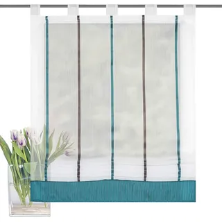 Schlaufenrollo Raffrollo Gardine Raffgardine Vorhang für Fenster in Weiss gestreift Petrol halbtransparent 1 Stück BxH: 100 x 150 cm