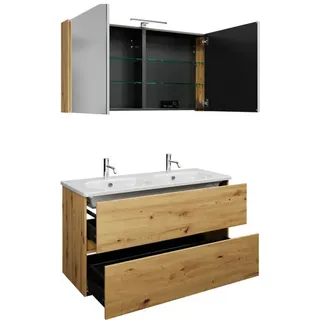 burgbad Rocio Set aus Spiegelschrank mit LED-Leuchte, Doppelwaschtisch und Waschtischunterschrank, Breite 1200mm, SGYS120F6224C0001, Farbe: Eiche Dekor Urban