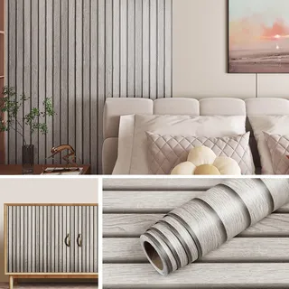Livelynine Tapete Selbstklebend Holzoptik 3D 40CMx10M Selbstklebende Tapete Holzoptik Wand Wohnzimmer Schlafzimmer Wasserfest Selbstklebende Wandpaneele Holz Bad Folie für Möbel Holz Grau Hell