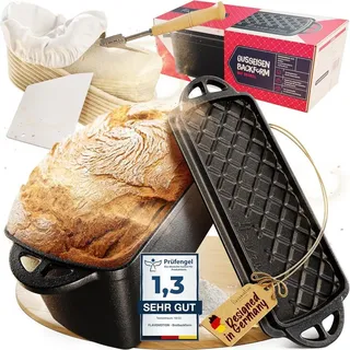 Flavemotion Brotbackform mit Deckel - Gärkörbchen, Bäckermesser, Teigkarte, Starter-Rezept, Kastenform, Gusseisen Topf, Auflaufform schwarz