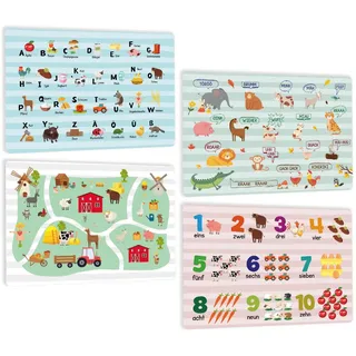 4ER Set - Bauernhof Lern Tischset Abwaschbar Kinder - Tiere Platzsets Schule - Tiergeräusche Platzdeckchen - Deutsch ABC Alphabet Zahlen und Affirmations mit Tier - rutschfest - DIN A3