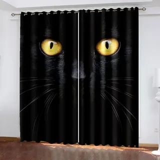 Gardinen Kinderzimmer Blickdicht 2 Stück H 140 X B 110 cm 3D Digitaldruck Schwarze Katze Vorhang Verdunklungsvorhänge Schlafzimmer Wohnzimmer Ösenschal Kinder Thermovorhang