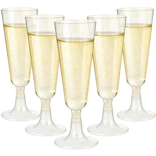 Czemo Sektgläser aus Plastik mit Goldglitter 20 Stück Champagnerflöten aus Kunststoff Partygläser mit Stiel Champagner Gläser für Hochzeiten, Party, Geburtstag