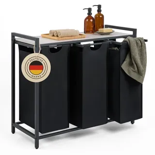 Blumtal Wäschesammler 3 Fächer Schwarz - Wäschekorb mit Ablage in Beton-Optik - Wäscheschrank mit Metall-Rahmen in Schwarz - Wäschekorb mit Beinen - Wäschesortierer 3 Fächer/Schmutzwäschebehälter