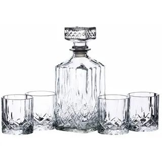 BarCraft Whisky Karaffe und Glas Geschenkset, geschliffenes Glas, 5-teiliges Set, 900ml Karaffe mit Silikonverschluss und 4x Gläser, 26 x 10 x 24cm