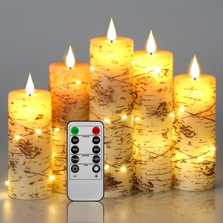 Da by LED Kerzen, Birkenrinde, mit eingebetteter Lichterkette, Kerzen-Set, 5 Stück, elfenbeinfarben, Echtwachs, Stumpenkerzen mit tanzender LED-Flamme, 10 Tasten Fernbedienung (ohne Batterie)