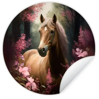 MuchoWow Wandsticker Pferd - Blumen - Rosa - Natur - Wald (1 St), Runde Aufkleber für Wohnzimmer, Selbstklebend, 100x100 cm bunt 100 cm x 100 cm x 0.1 cm
