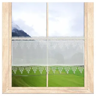 Hochwertige weiße Landhaus- Scheibengardine Linda mit zeitlosen Spitzenkanten aus Plauener Spitze (Höhe x Breite: 40 x 64 cm)