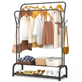 VOUNOT® Kleiderständer, Kleiderstange Doppelt, Garderobenständer Metall mit 2-lagigem Schuhregal und 4 seitlichen Haken, Stabil, Schwerlast, für Schlafzimmer Flur Ankleidezimmer, 110x35x146cm, Schwarz