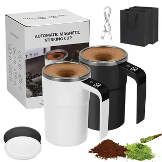 380ml Selbstrührende Tasse Mit Deckel, Selbstrührende Magnetische Kaffeetasse mit Temperaturanzeige, Wiederaufladbarer Self Stirring Mug für Kaffee, Tee, Milch,Heiße Schokolade, Sirup (2PCS-C)
