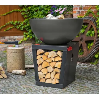 CookKing Santos | Garten Feuerschale | Stahl Grill mit Holzlager - Schwarz