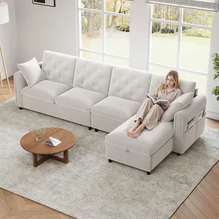 Merax Ecksofa L-förmiges 4-Sitzer,  sofa mit Bettkasten, Schlaffunktion, Kissen und Magazintaschen, Couch, Couchgarnitur, Samt, Beige - Beige