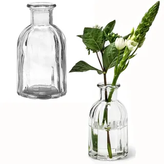 6 x Vasen aus Glas in geriffelter Optik, klar H 13,5 cm - Glasvasen Vintage - Blumenvasen - Dekoflaschen - Glasflaschen 6 x (H 13,5 cm Ø 7,5 cm)