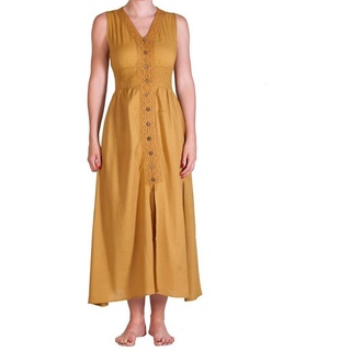 PANASIAM Tunikakleid Langes einfarbiges Sommerkleid im Rücken gerafft Onesize Gr. S und M Langes Kleid aus feiner Baumwolle auch als Strandkleid gesmoked gelb