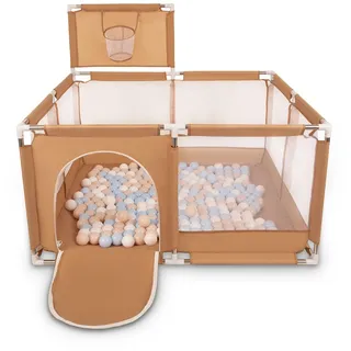 Selonis Laufstall Mit Korb Und 400 Bälle Laufgitter Für Kinder, Beige:Pastellbeige/Pastellblau/Weiß
