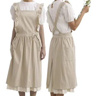 CBBEONRN Schürzen Damen Weich Baumwolle Küche Kochen Schürze Mit Taschen Japanischer Stil Kreuz Zurück Koch Schürze Casual Latzschürze Beige,One Size
