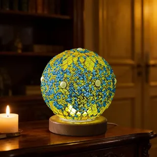 WRQIOO Mosaik Lampe, 13.3CM Mosaik Tischlampe, Marokko Buntglas-Lampen, Orientalische Lampe mit Holzsockel, 5V USB-Betriebene für Marokkanischen Stil, Meditationsraum, Büro, Schreibtisch