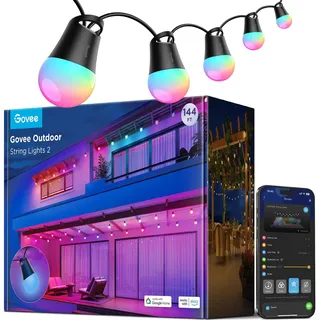 Govee Smart Lichterkette Außen 2, 45M RGBIC Glühbirnen mit Dimmbaren Warmweißen LED Leuchtmitteln, 47 Szenenmodi für Terrasse, Hinterhof, IP65 Wasserdicht, Funktioniert mit Alexa, App-Steuerung