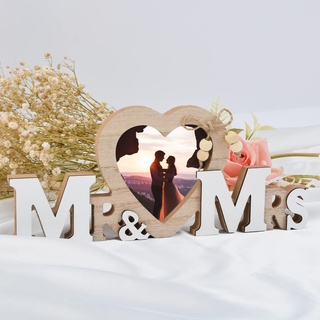 URROMA Mr & Mrs Holz Herz Bilderrahmen, Tischplatte Hochzeit Bilderrahmen Holz "Mr & Mrs" Dekoration Brautpaar Foto Geschenk für Hochzeit Display