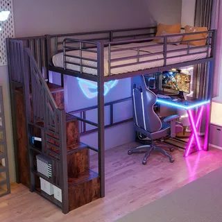 Hochbett 90×200 Jugendbett Mit Stauraumleiter Kleiderschrank, Regal Und Schreibtisch,metallbett Ohne Matratze,mit Led-leuchten,schwarz