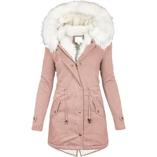 Winterjacke Damen Lang - Warmer Mantel mit Kapuze, Winterparka mit Reißverschluss, Slim-Fit Plüschjacke mit Kordelzug und Taschen, Rosa, S - Rosa - S