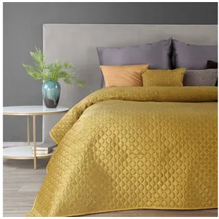 Eurofirany Tagesdecke Gesteppte Decke Velours Karomuster Weicher Überwurf, Eleganter Bettüberwurf Doppelbett gelb 200 cm x 220 cm