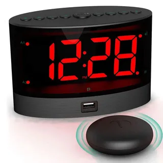 Vibrationswecker kabellos, extra lauter Wecker für Schwerhörige & Tiefschläfer, 9 m Reichweite, Doppelalarm, 5,5" LED Display dimmbar, USB